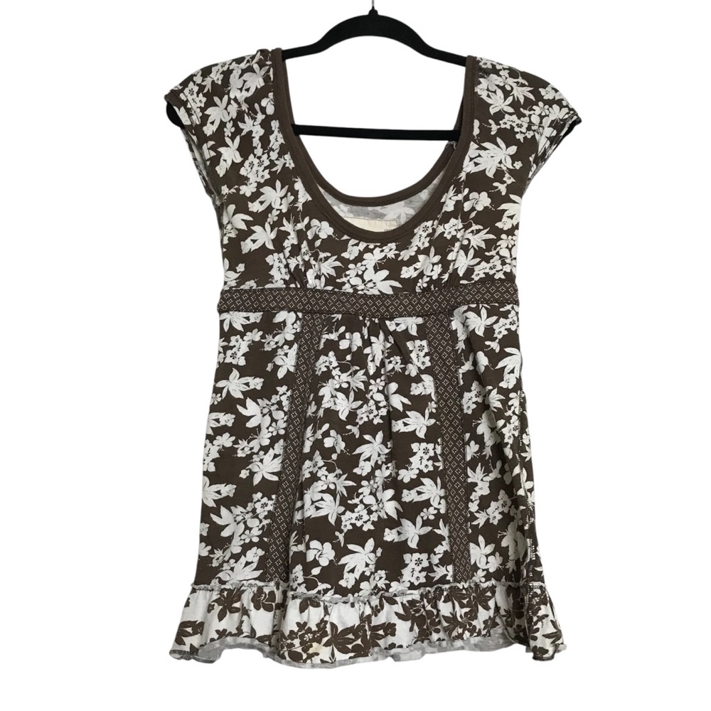 Hollister Preppy Y2K Brown Floral Short Sleeve Ruffled Babydoll Top Womens Small